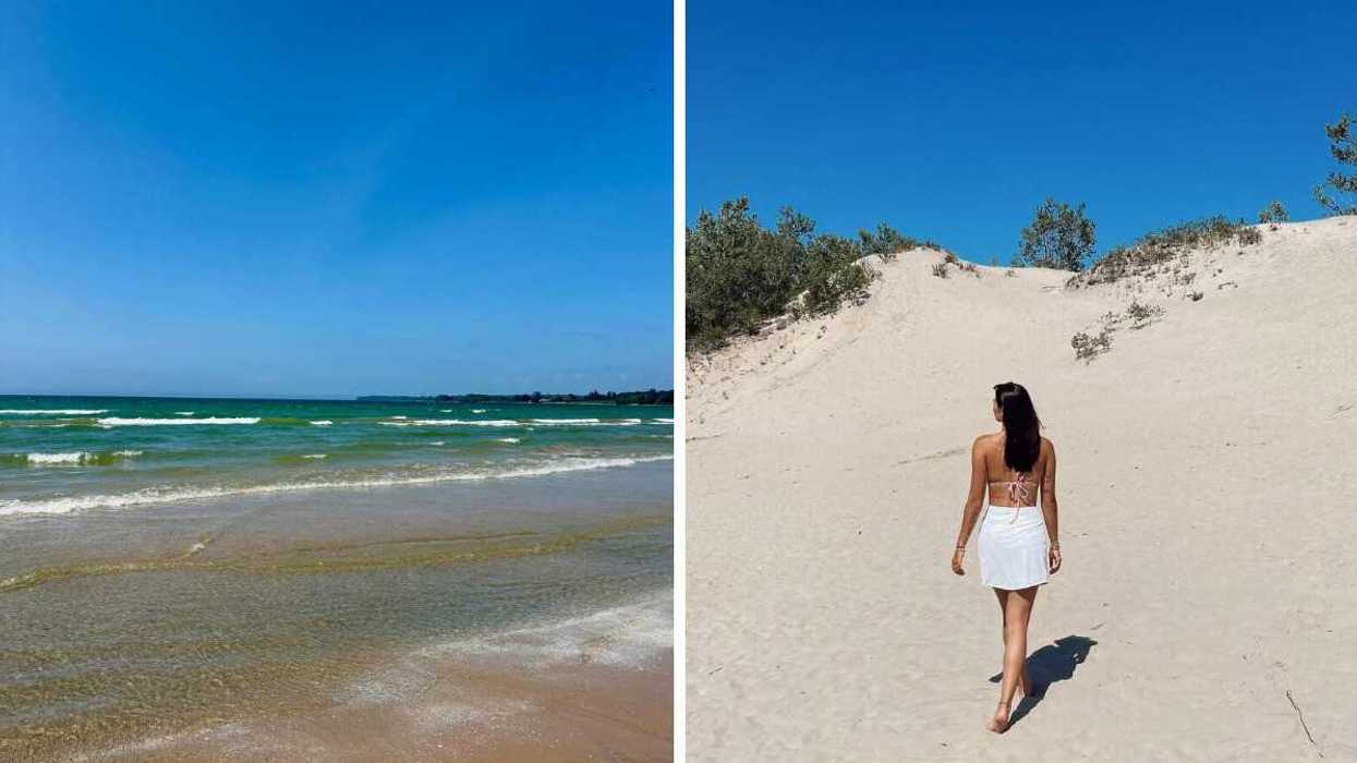 A sandy beach with clear water. Right: A person walking by sandy dunes.