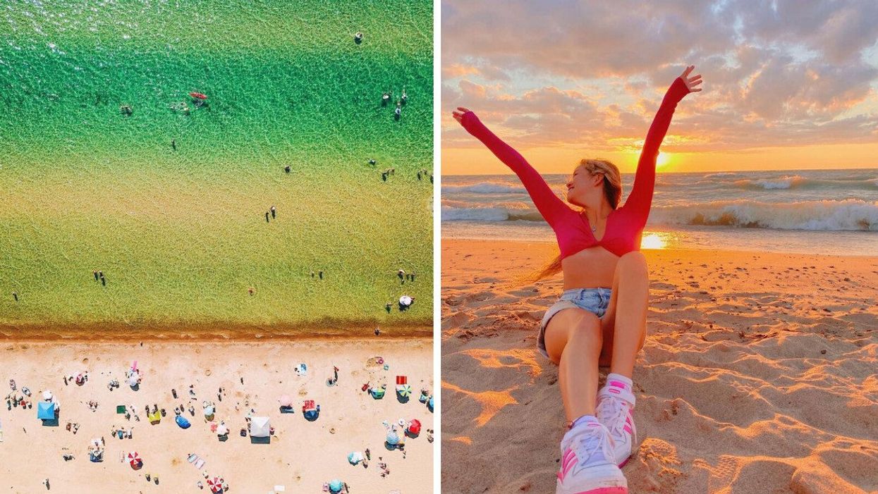A sandy beach with turquoise water. Right: A person sitting on a beach at sunset.