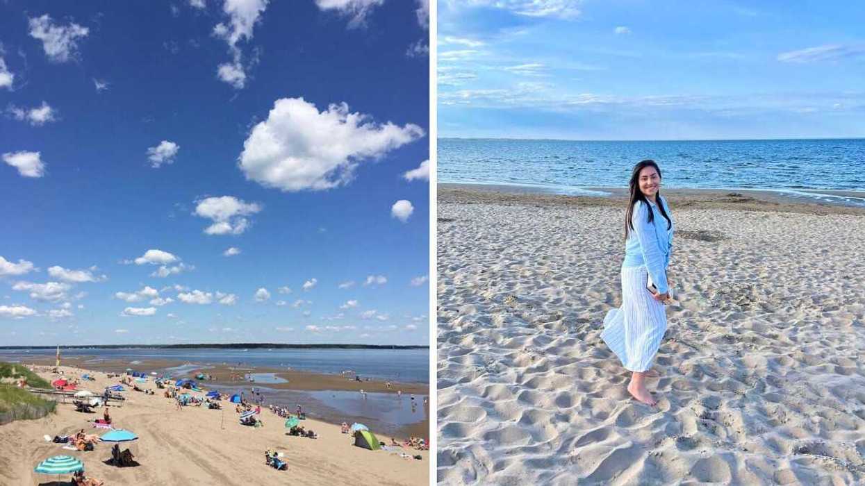 A sandy beach with umbrellas. Right: A person standing on a beach.