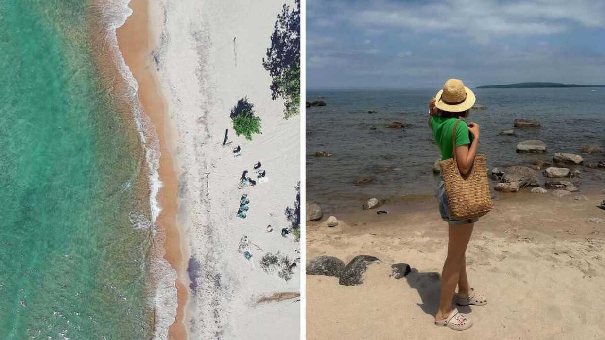 A sandy shoreline. Right: A person on a beach.