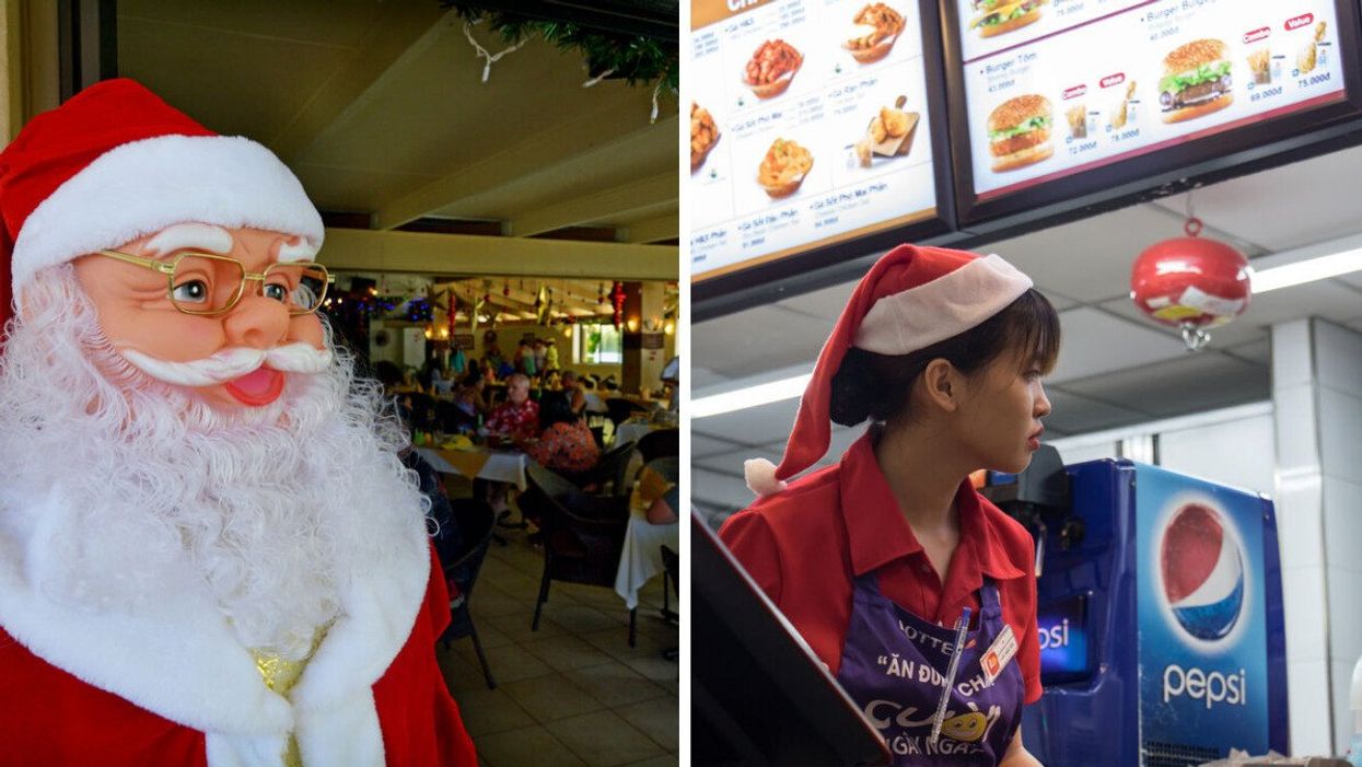 A Santa Claus doll in a dining hall filled with people. Right: A fast food worker at her till with a Santa hat on.