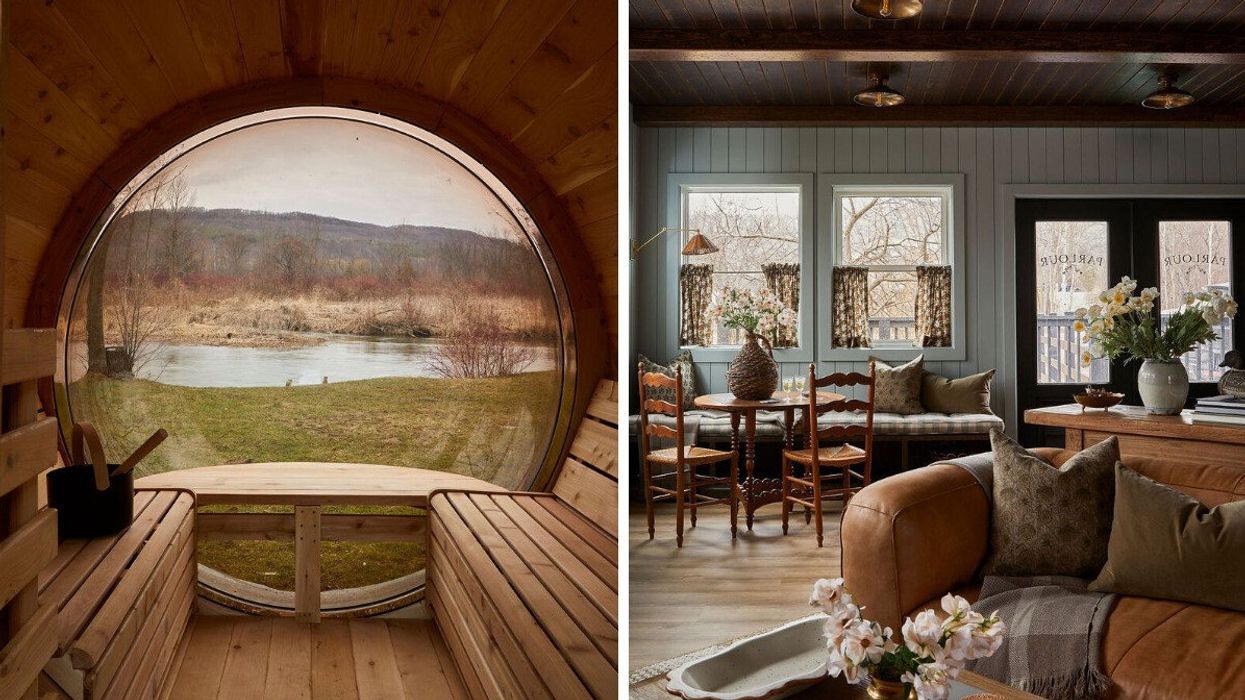 A sauna overlooking a river. Right: A sitting room with country vibes.