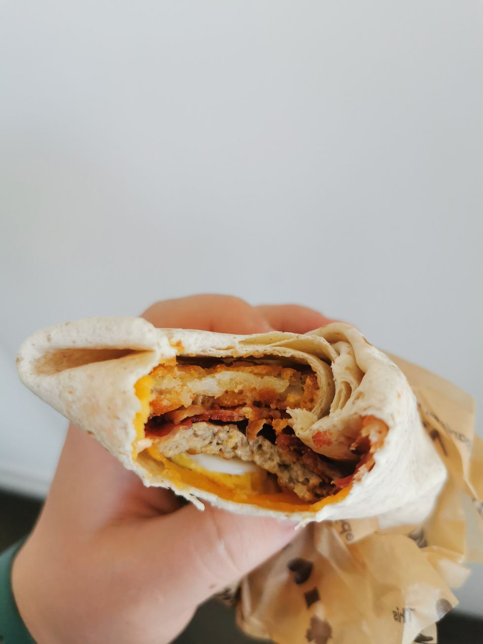 A sausage and bacon farmer's wrap from Tim Hortons.