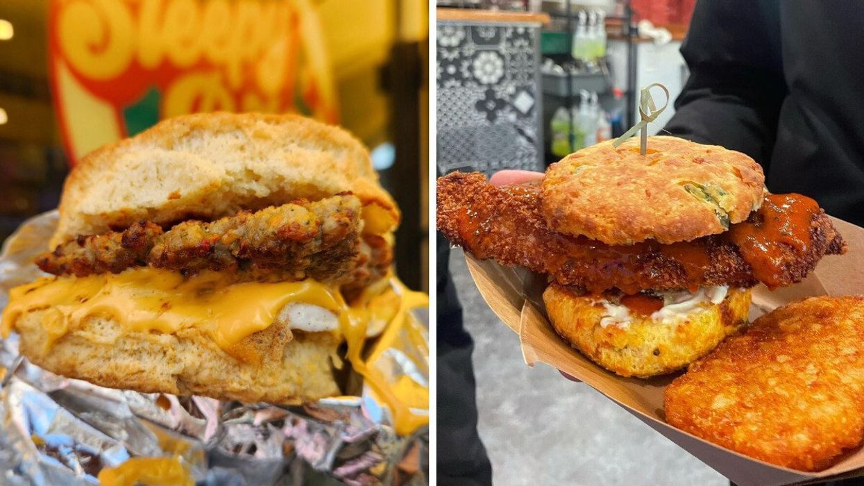 A sausage and egg breakfast sandwich with creamy cheese. Right: A breakfast sandwich with a side of a hash brown.