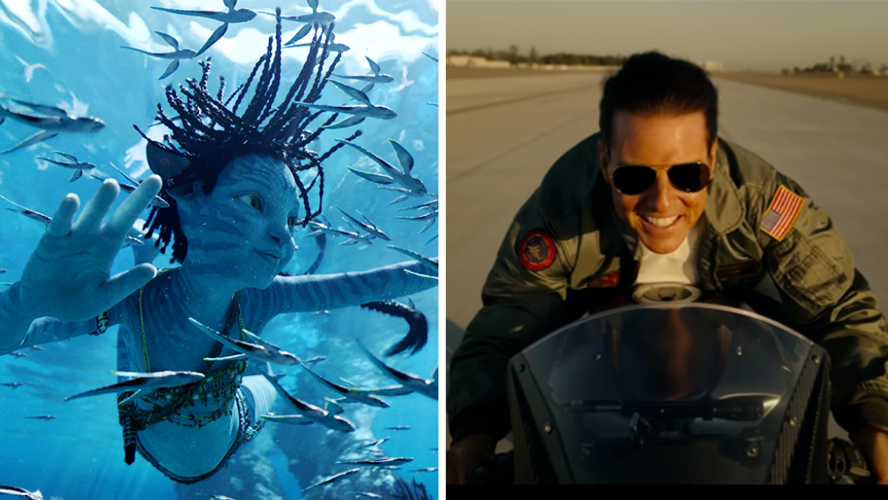 A scene from 'Avatar: Way of Water'. Right: Tom Cruise in 'Top Gun: Maverick.'