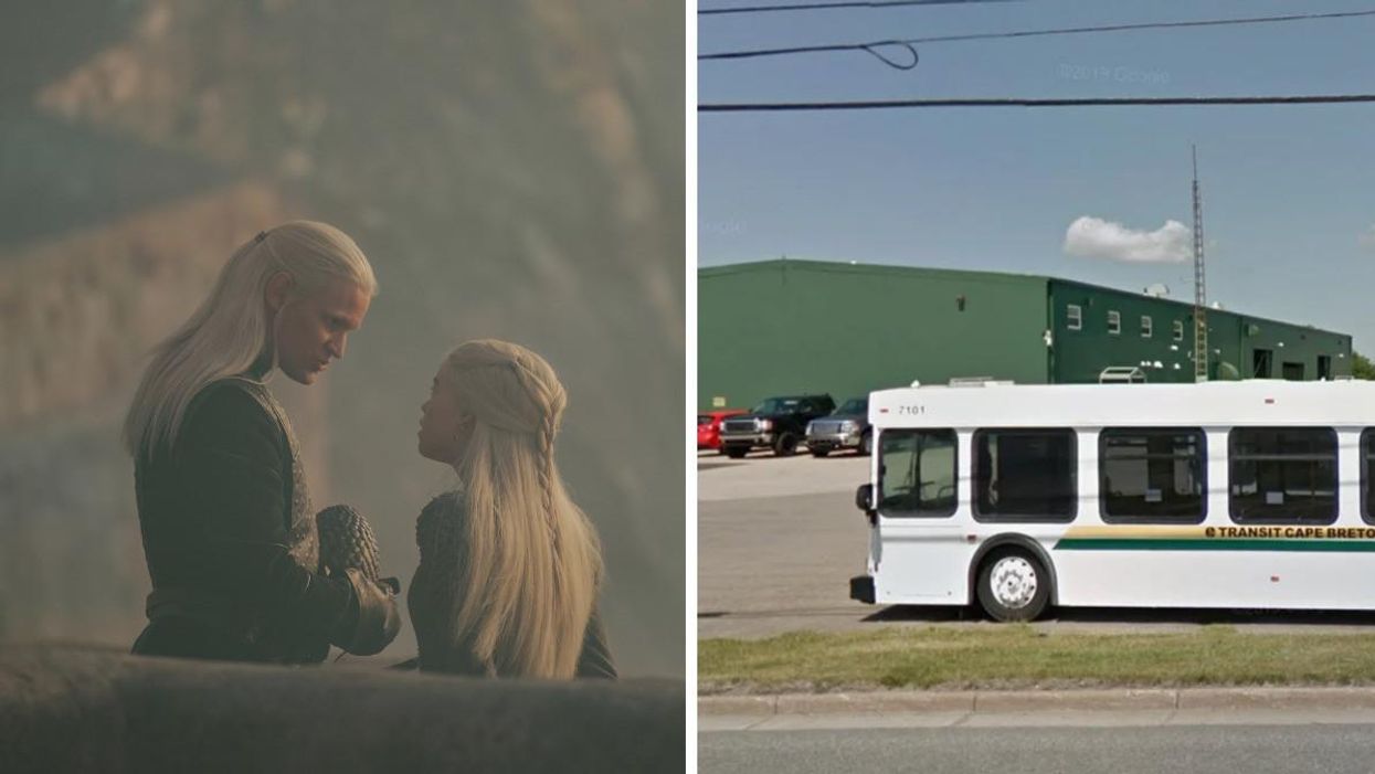 A scene from HBO's "House of the Dragon." Right: A bus parked at the Cape Breton Transit Depot.