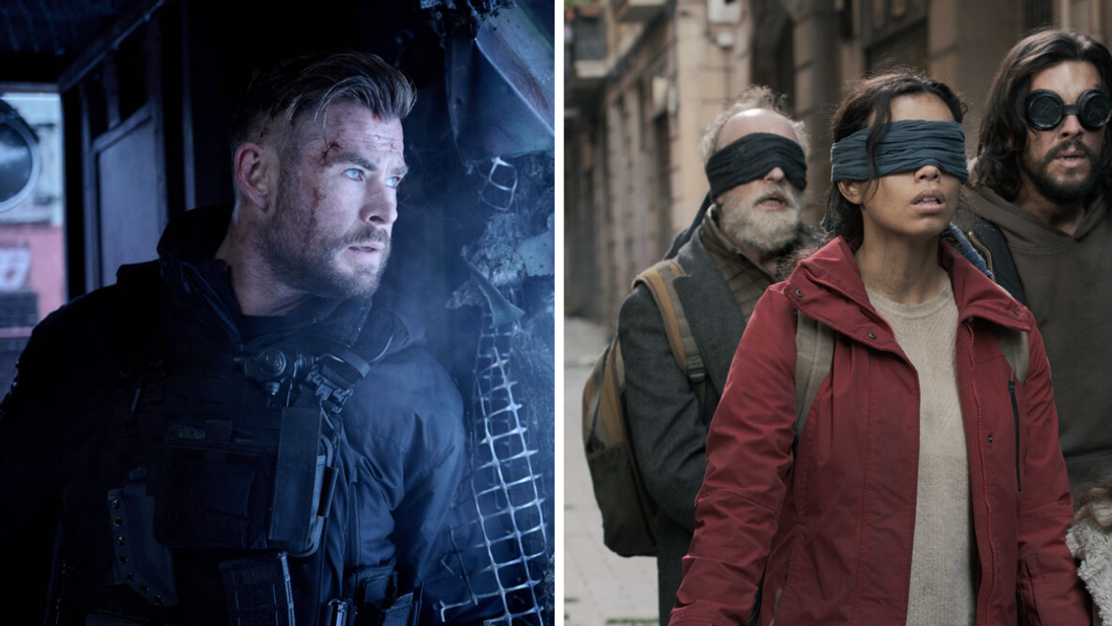 A scene from 'The Extraction 2' coming to Netflix Canada. Right: 'Bird Box Barcelona' coming to Netflix Canada.