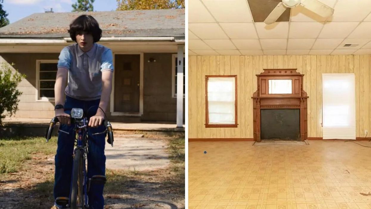 A scene from the 'Stranger Things' series. Right: inside of the 'Stranger Things' Byers house listed on Zillow.