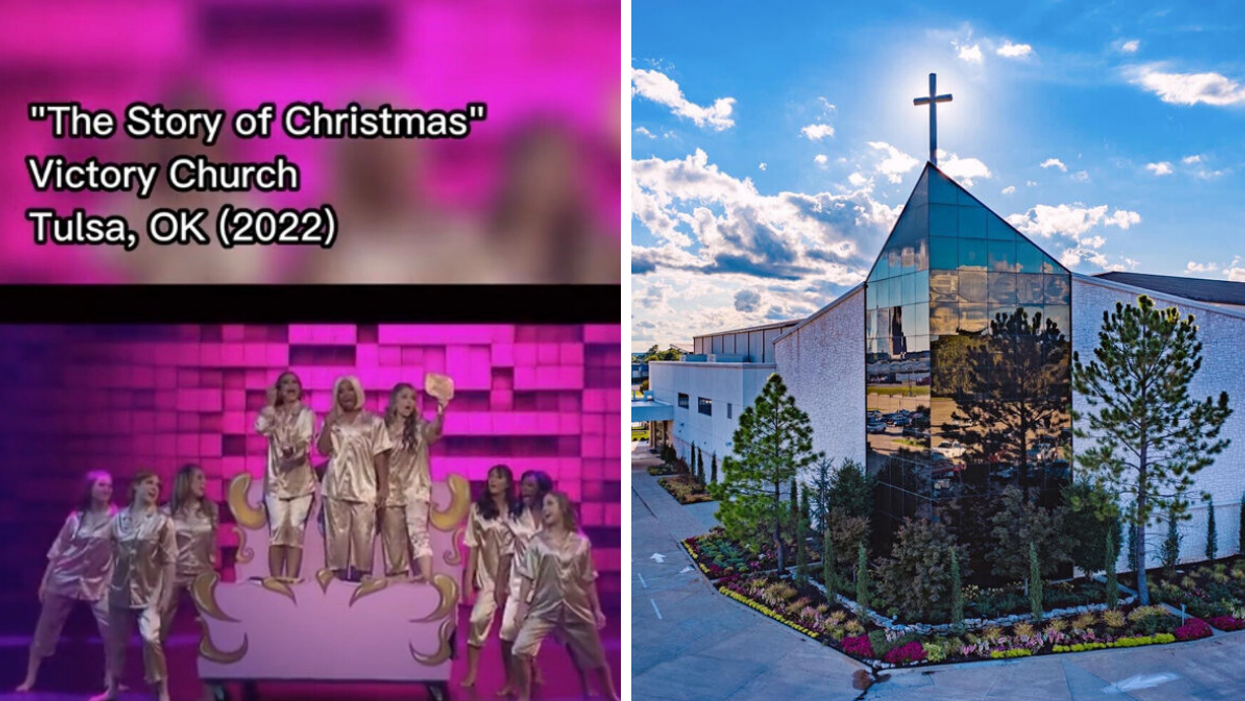 A scene from Victory Church's "The Story of Christmas" in the viral TikTok video. Right: The exterior of Victory Church in Tulsa, OK.