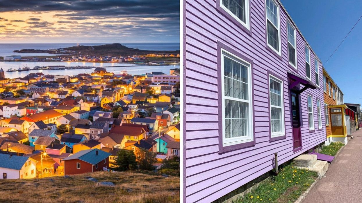 A scenic aerial view of Saint-Pierre at sunset, showcasing a cluster of colorful houses with glowing streetlights. Right: A close-up of a vibrant purple wooden house with white-framed windows and a dark purple door.