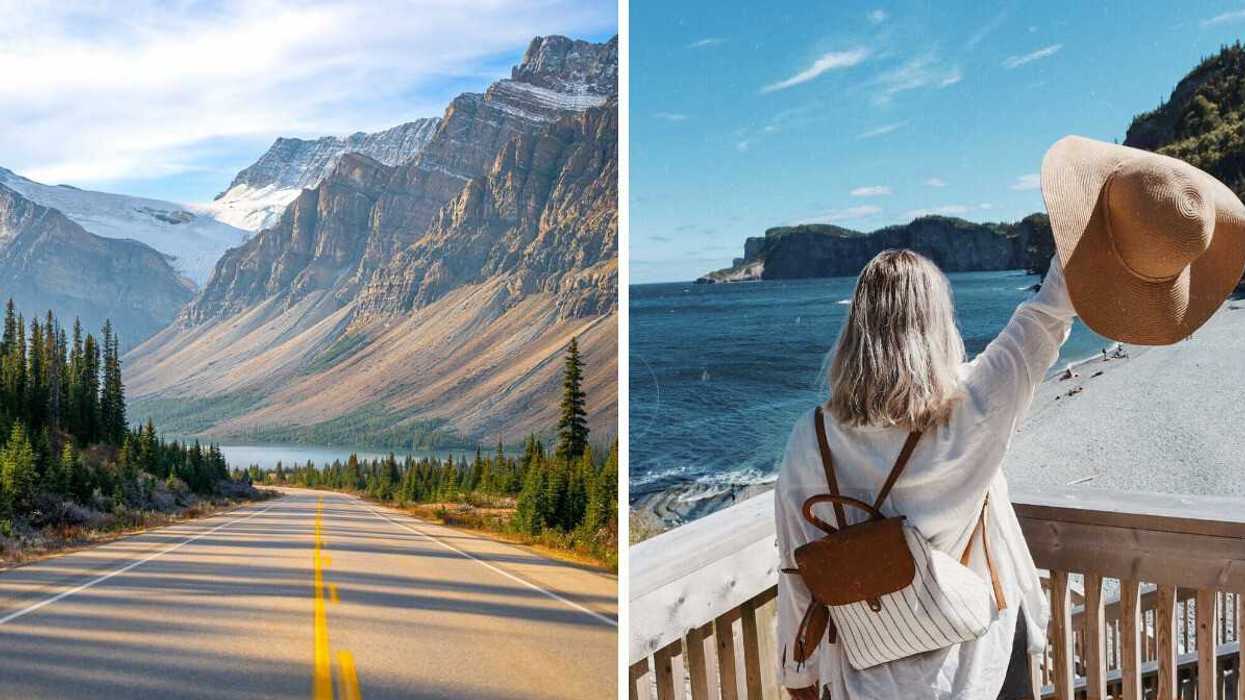 A scenic road in Alberta. Right: A person poses at a national park in Quebec.