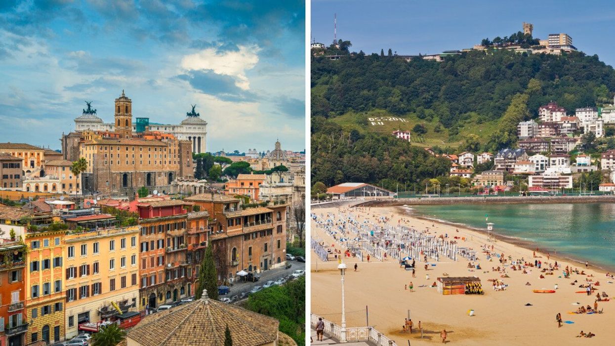 A scenic view of Rome, Italy, featuring a mix of historic architecture, terracotta rooftops, and landmarks. Right: A lively beach in Spain, with golden sand, sunbathers, and blue waters.