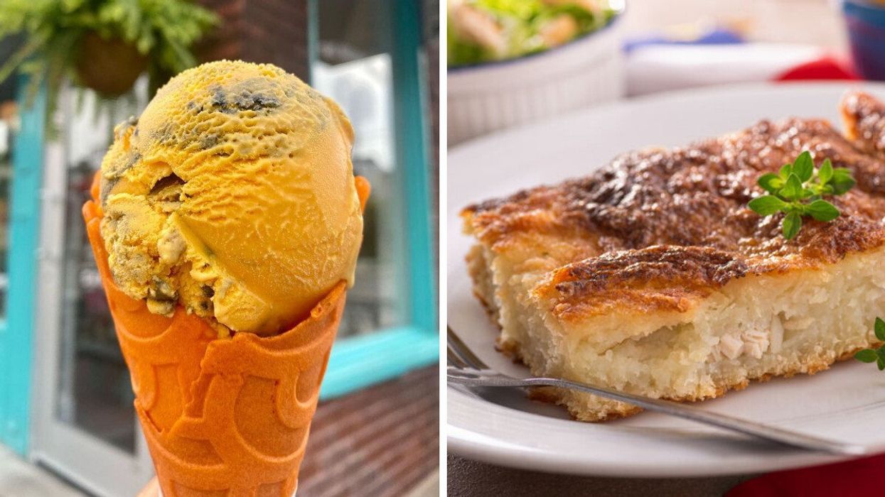 A scoop of orange ice cream with black liquorice swirls in an orange cone. Right: A piece of Rappie pie on a plate with a fork.