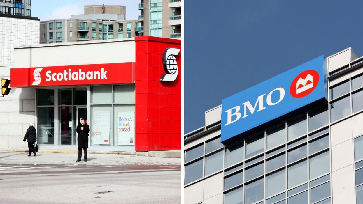 A Scotiabank branch. Right: A Bank of Montreal branch.