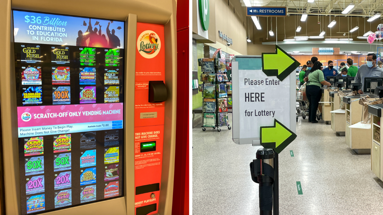 A scratch off machine. Right: A lottery line sign at Publix.