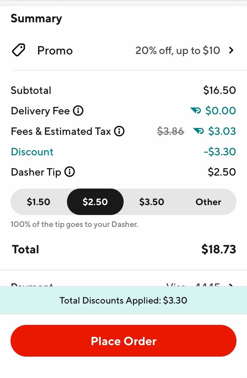 A screen shot of a DoorDash order with DashPass.