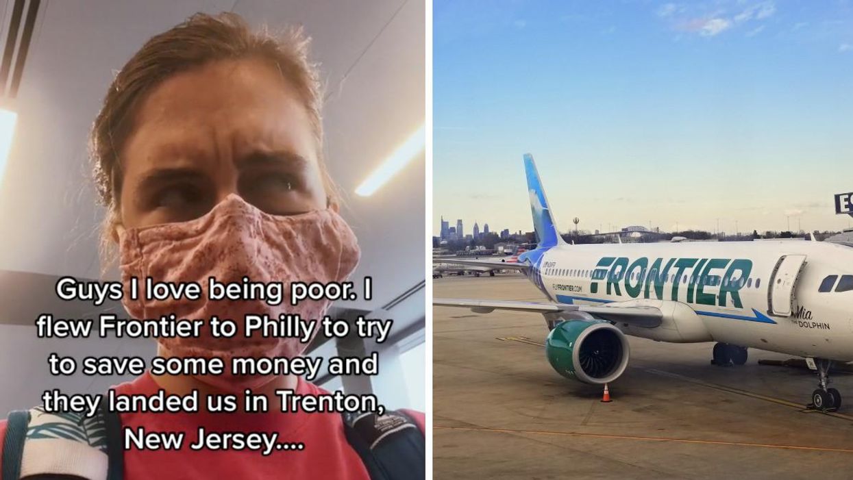 A screenshot from a TikTok about the journey. Right: A Frontier plane in Philadelphia.