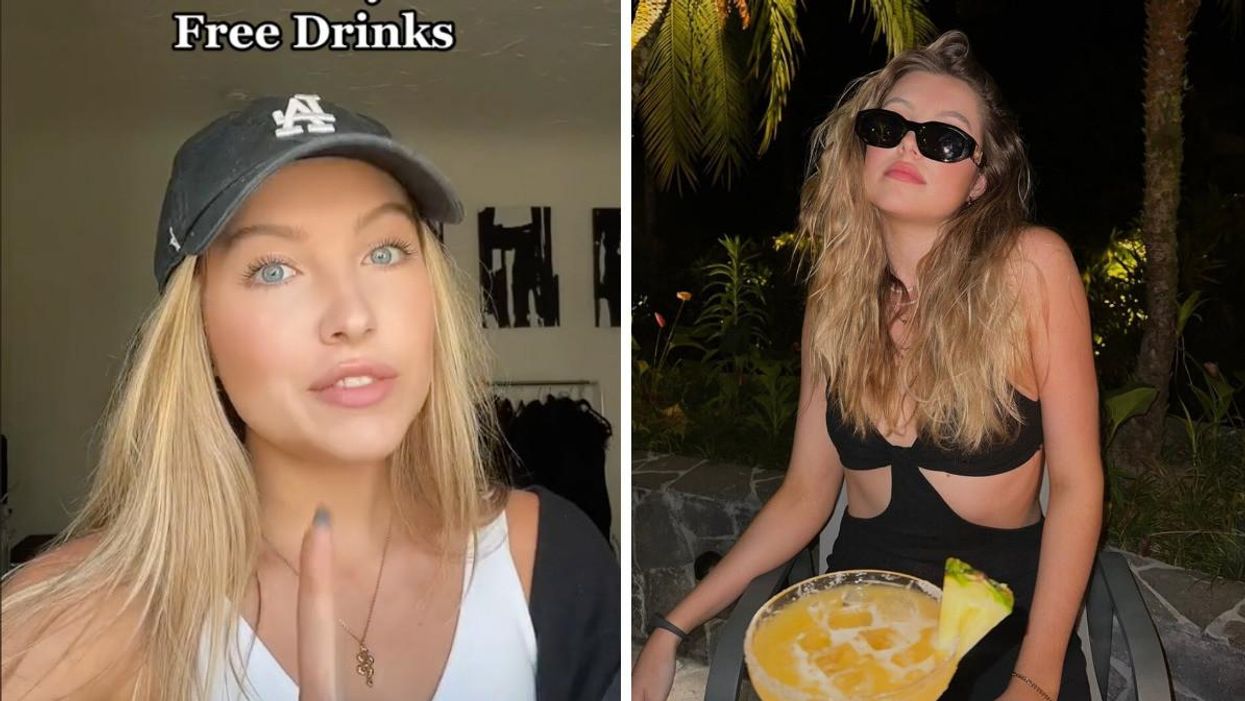 A screenshot from Kaylin's TikTok on free drinks. Right: Kaylin in sunglasses with a cocktail.