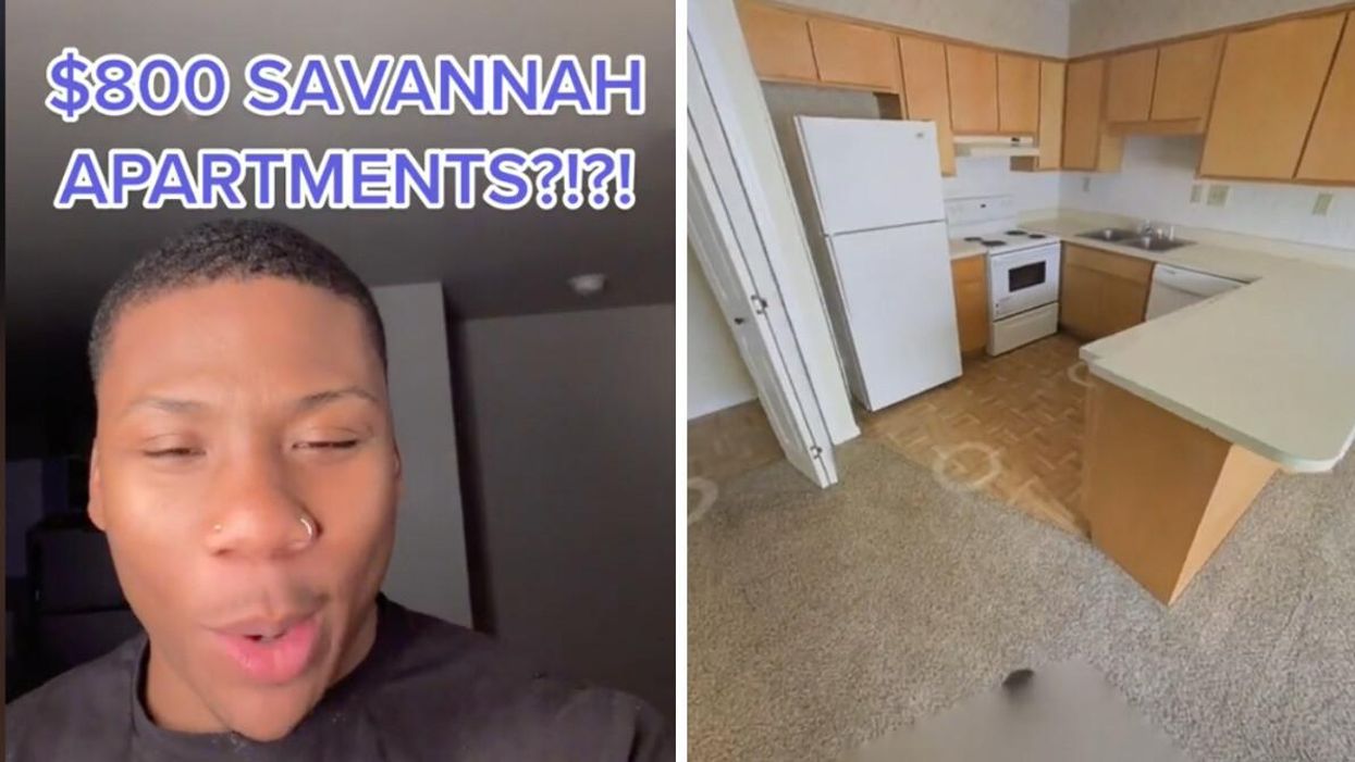 A screenshot from Marre's TikTok. Right: The kitchen in the cheap Savannah apartment.