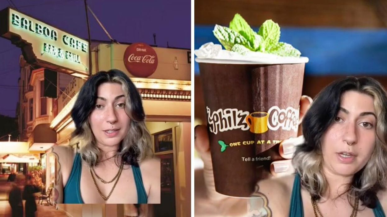 A screenshot of Erin's viral TikTok video. Right: Erin's Philz Coffee green screen screengrab.