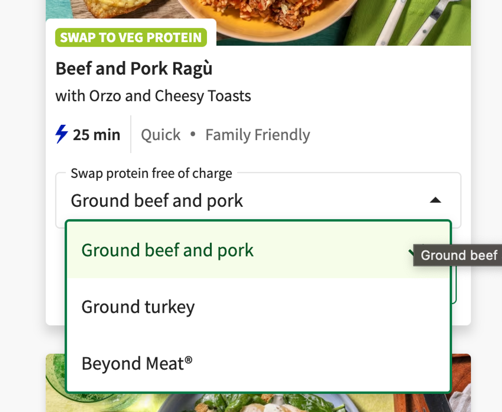 A screenshot of Hello Fresh's website showing different protein options.