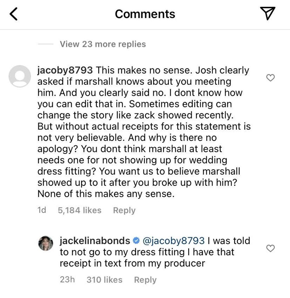 A screenshot of Jackie Bonds responding to a comment on her Instagram post.