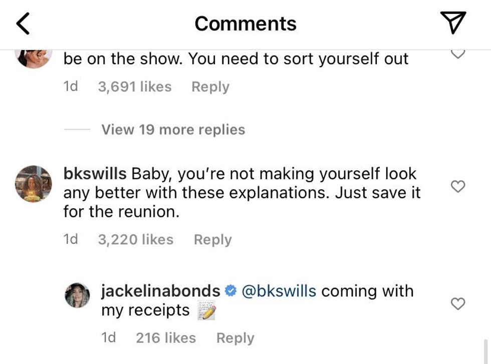 A screenshot of Jackie Bonds responding to a comment on her Instagram post.