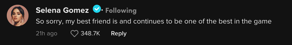 A screenshot of Selena Gomez's comment on the TikTok video.
