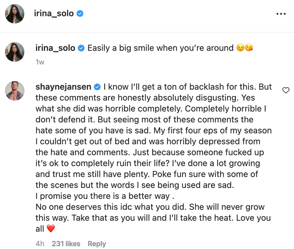 A screenshot of Shayne Jansen's comment on Irina Solomonova's Instagram post.