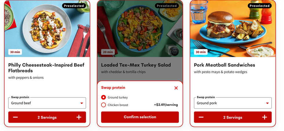 A screenshot of the Che's Plate website showing different protein options.