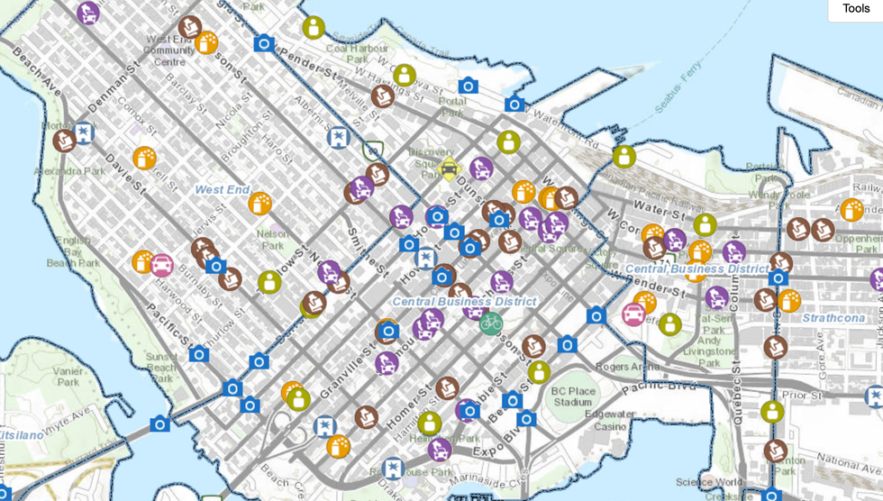 A screenshot of the GeoDASH Crime Map in Vancouver, B.C., zoomed in on Downtown.