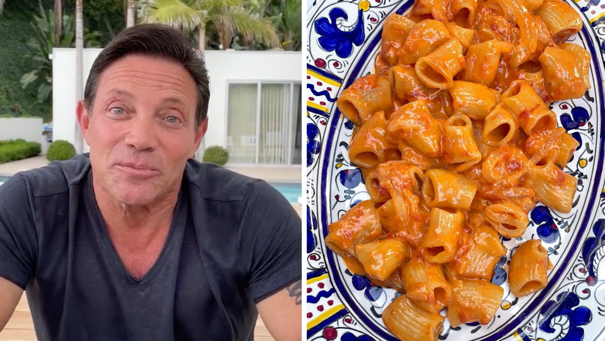 A screenshot of the Wolf Of Wall Street. Right: The Spicy Rigatoni Vodka at Carbone.