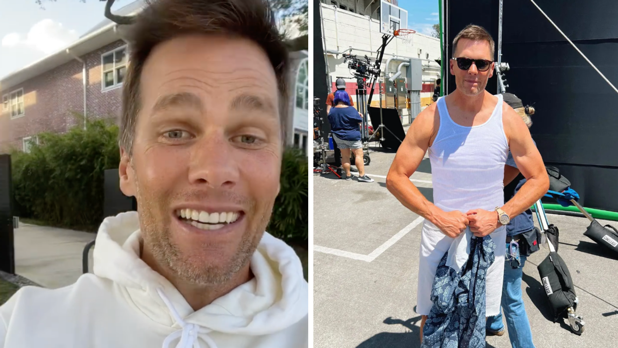 A screenshot of Tom Brady. Right: Tom Brady on a movie set.