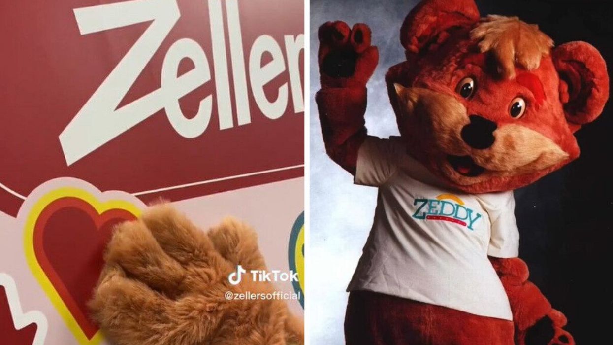 A screenshot of Zeddy's hand on a Zellers logo. Right: Zeddy bear.