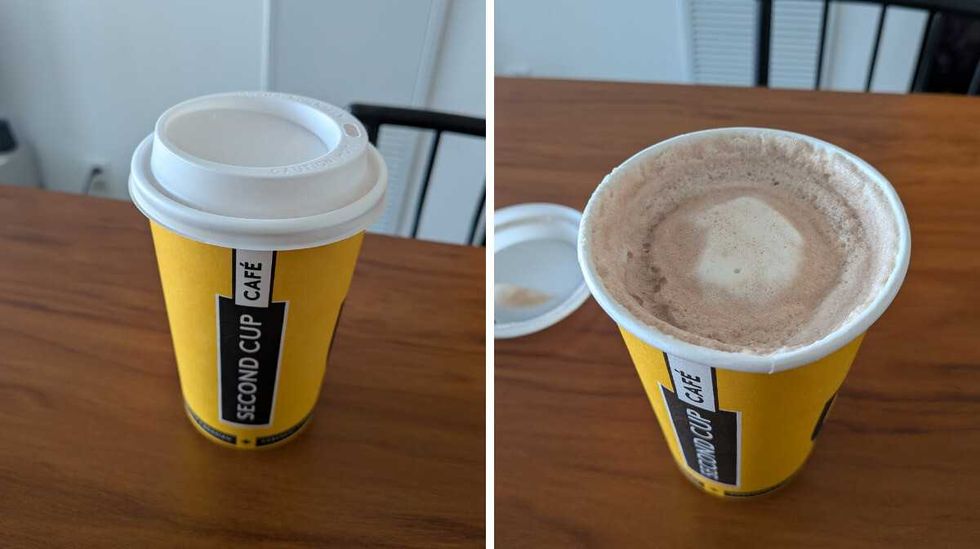 A Second Cup hot chocolate cup. Right: A Second Cup hot chocolate without a lid.