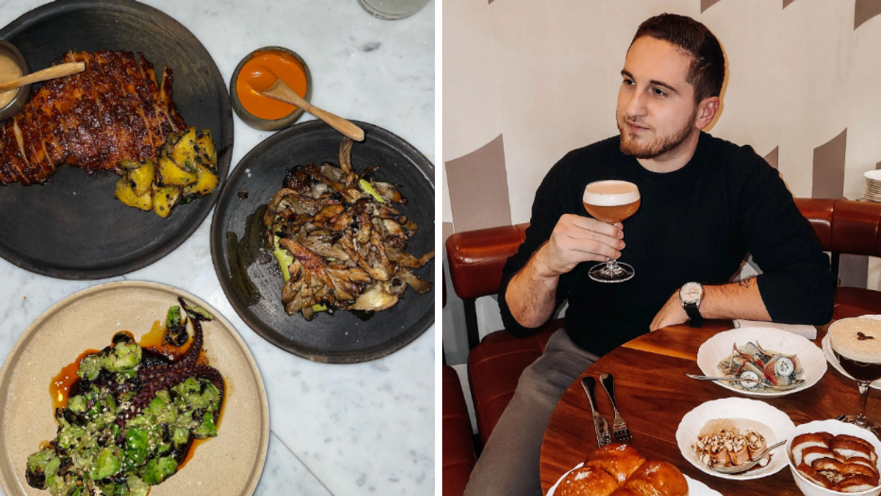 A selection of dishes at Quetzal. Right: A man with a cocktail surrounded by food at Alobar Yorkville.