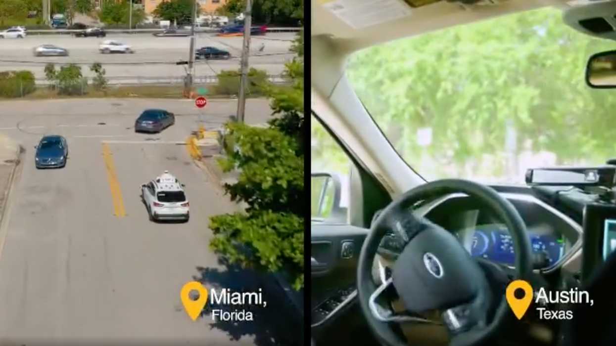 A self-driving car in Miami, FL. Right: The steering wheel of a self-driving car in Austin, TX.