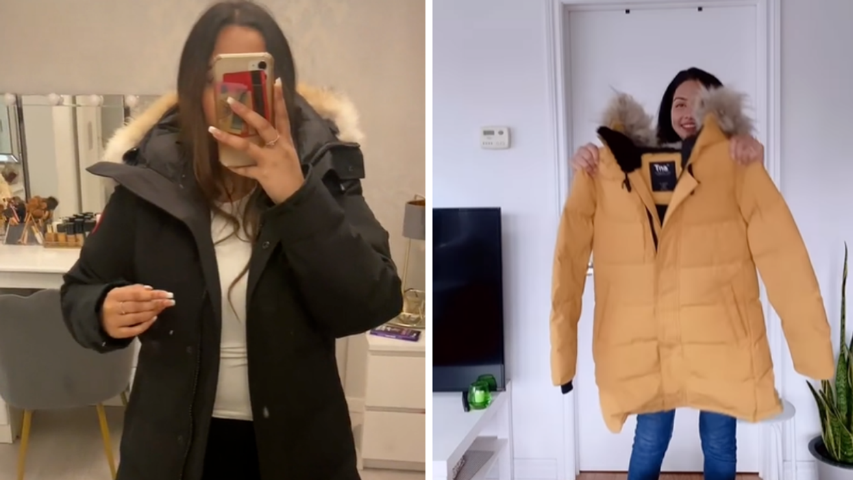 A selfie of a jacket. Right: A person shows off their winter jacket.