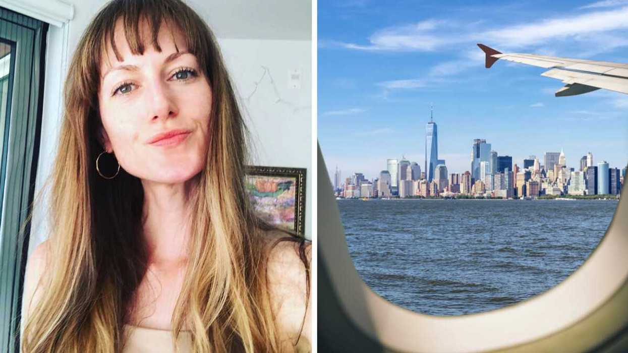 A selfie of a person. Right: A view of a city from a plane window with an airplane wing.