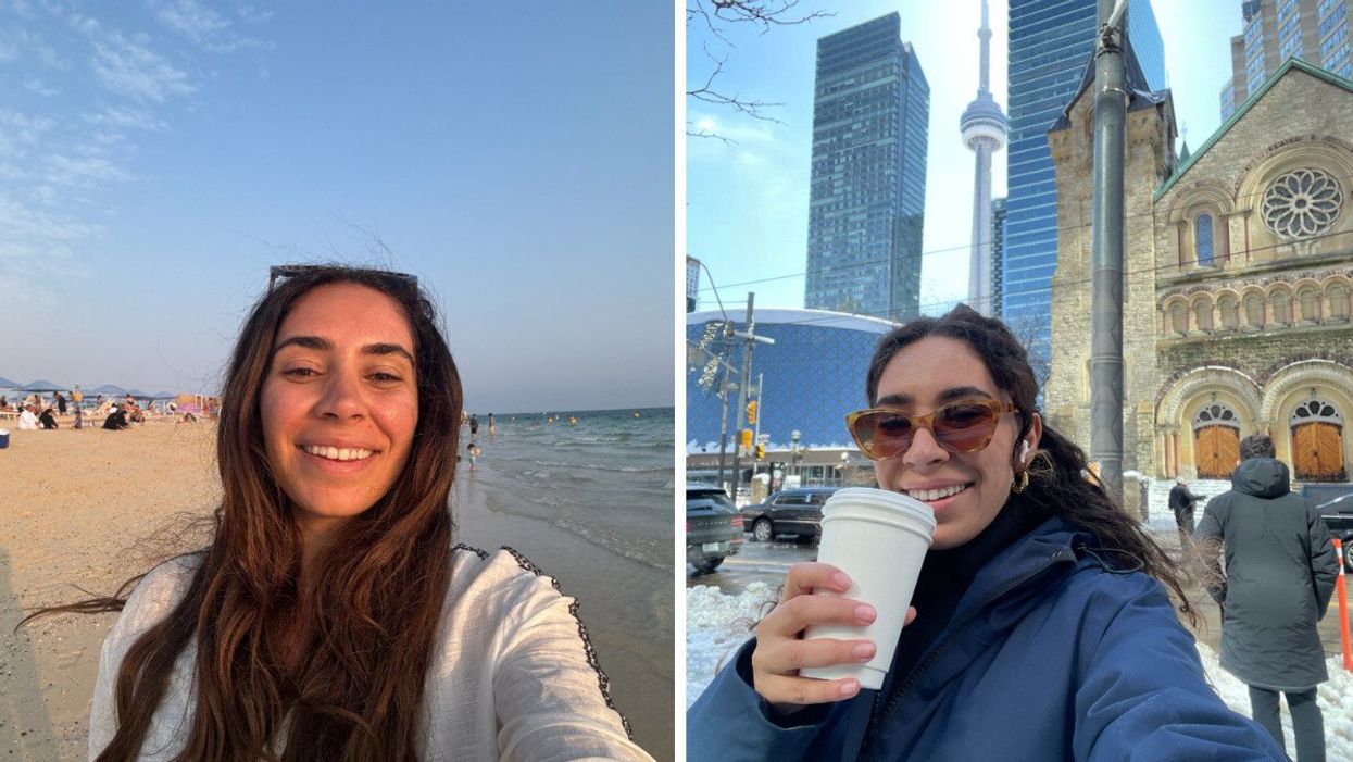 A selfie of a person smiling on the beach. Right: A person in a winter coat outside in Toronto with a coffee.