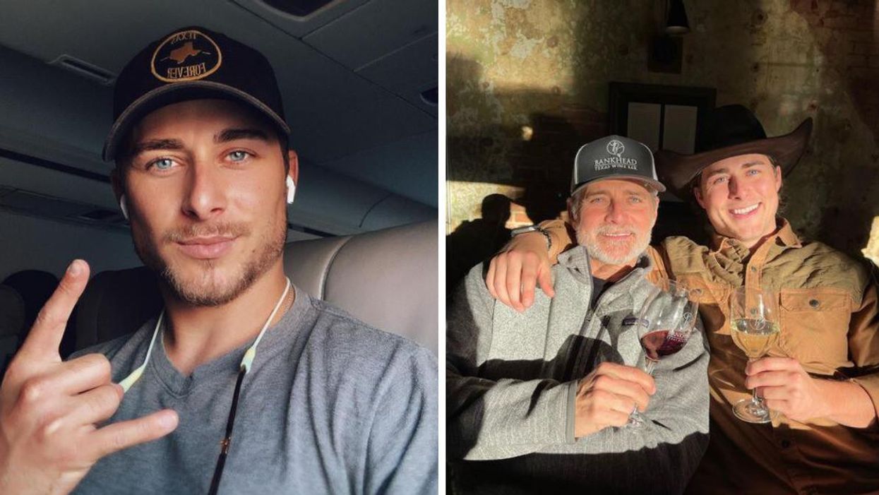 A selfie of Colby Kissinger. Right: Colby Kissinger poses with his dad at Bankhead Texas Wine Bar.