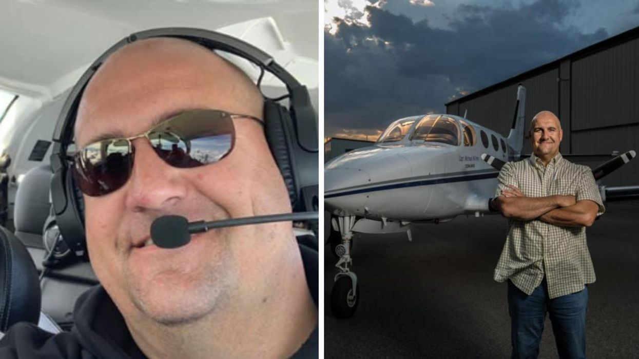 A selfie on Michael Wilton in a plane. Right: Michael Wilton smiling with arms crossed next to an aircraft.