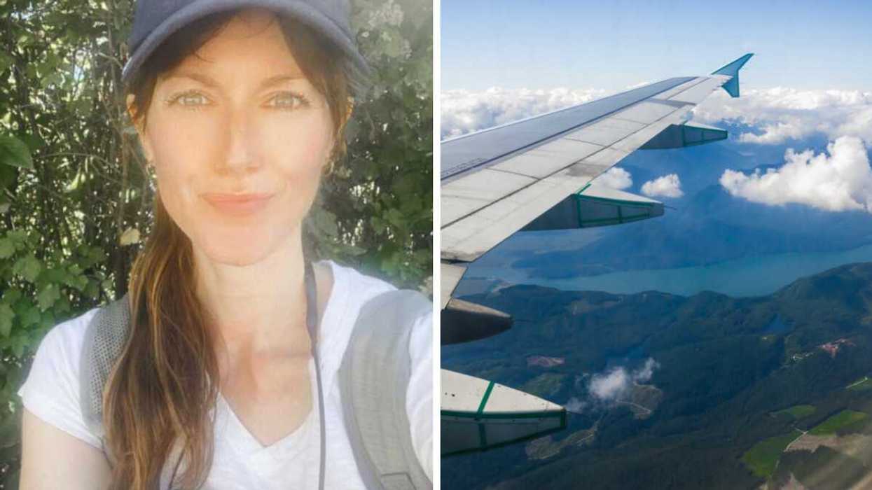 A selfie. Right: A plane window landing in Vancouver.