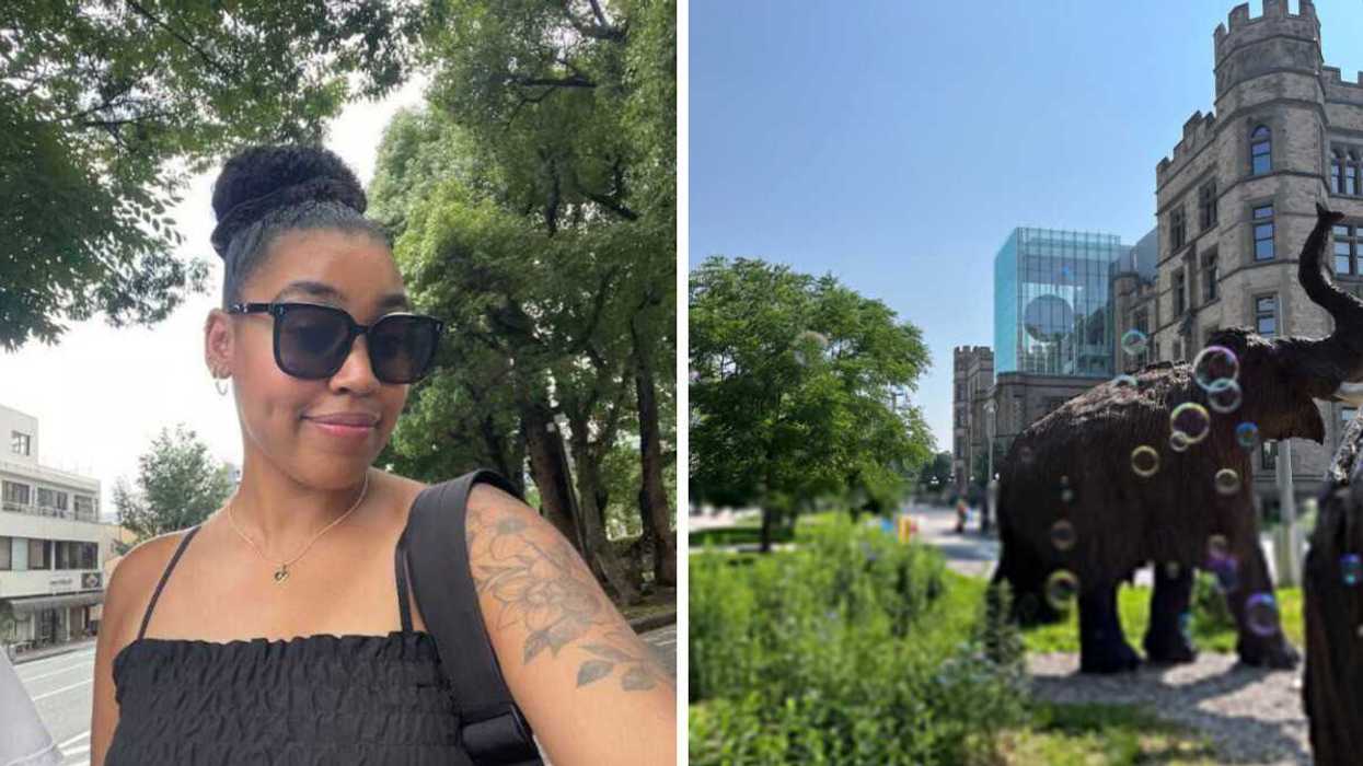 A selfie. Right: Right: The Canadian Museum of Nature in Ottawa with the elephant statues outside and bubbles floating beside the building.