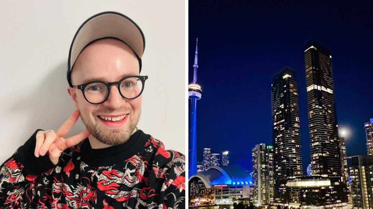 A selfie. Right: Toronto at night.
