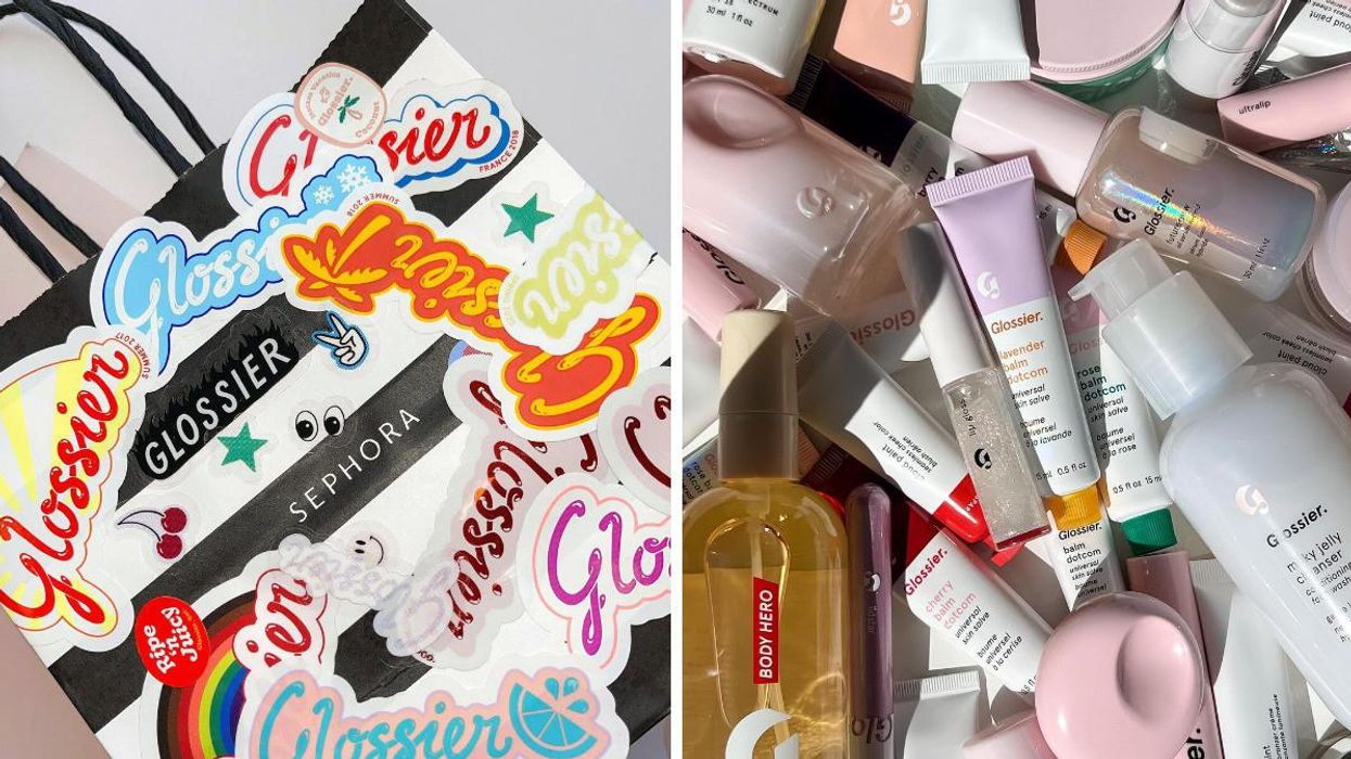 A Sephora shopping bag covered in Glossier stickers. Right: Glossier products.