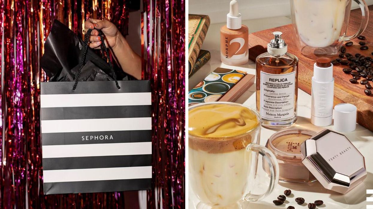 A Sephora shopping bag. Right: Sephora beauty products.