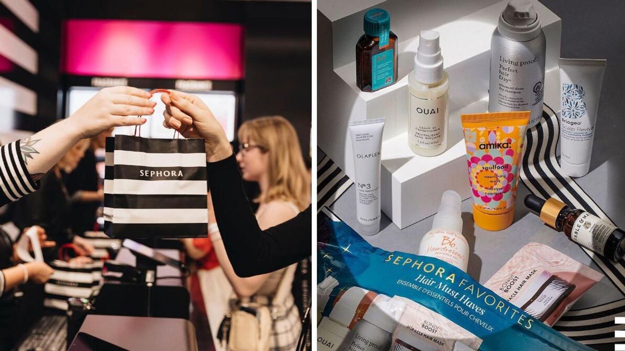 A Sephora shopping bag. Right: Sephora products.