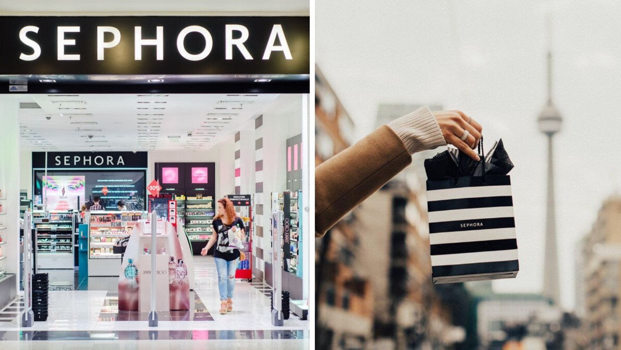A Sephora store. Right: A person holds a Sephora shopping bag.