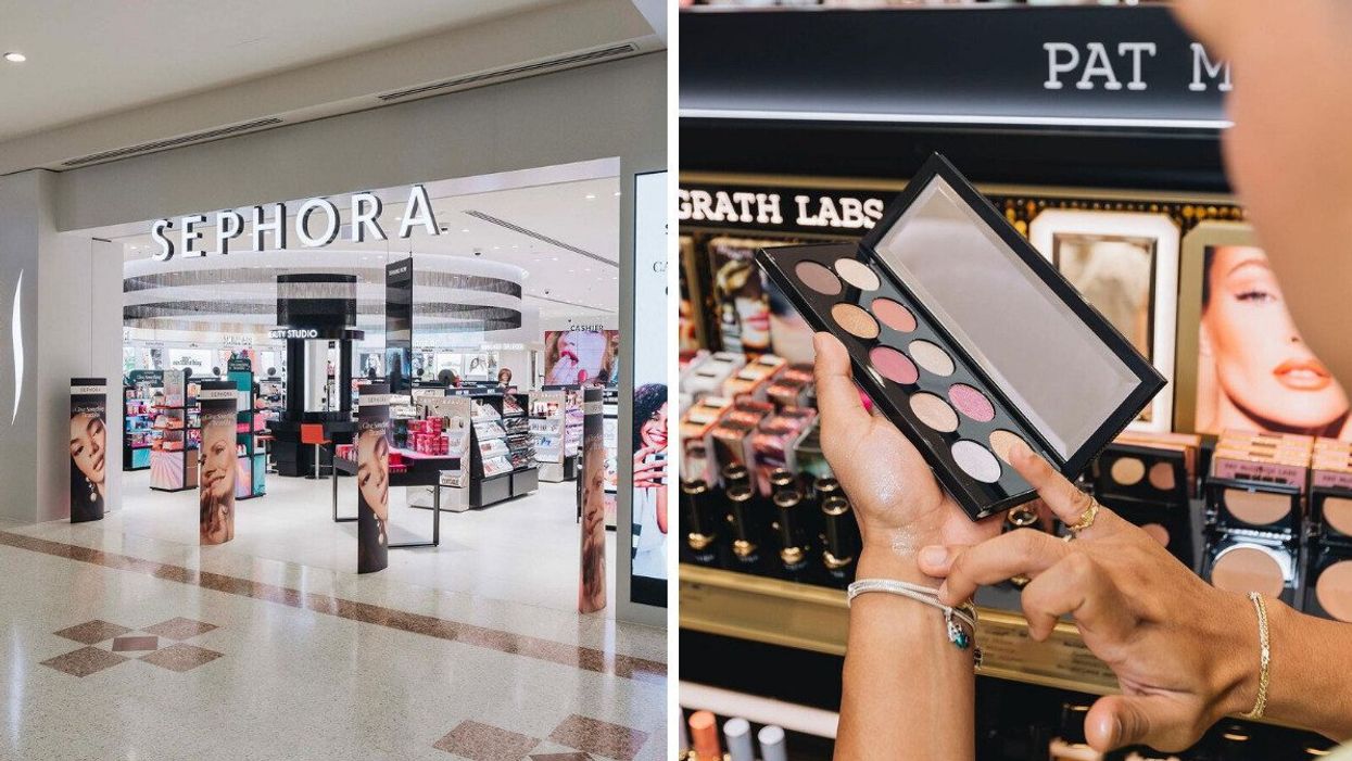 A Sephora store. Right: A person tries Sephora makeup.